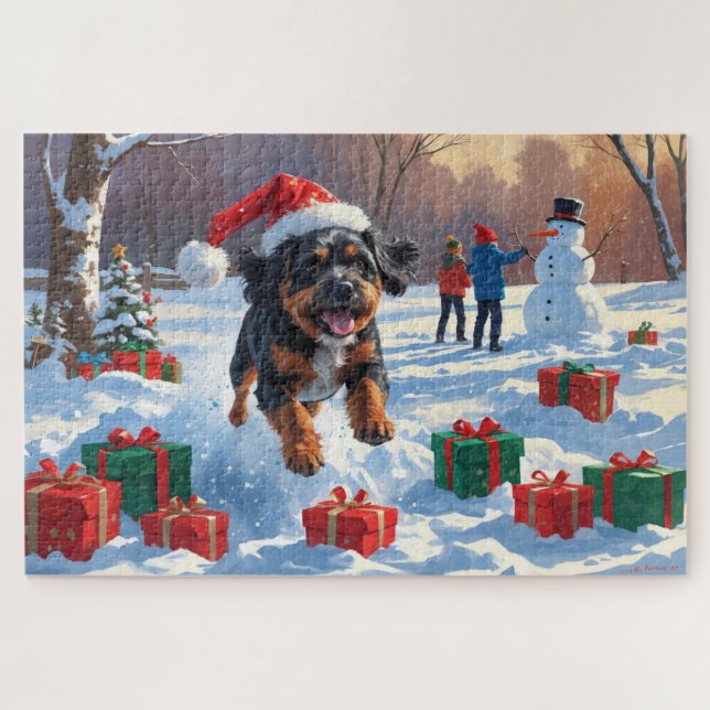 Quebra-cabeça Cena de Natal com Bouviers des Flandres na Neve (Horizontal)
