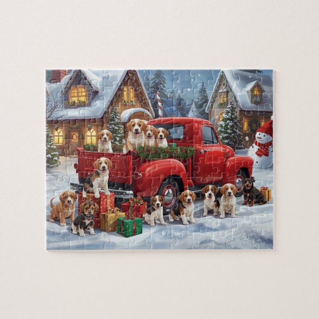 Quebra-cabeça Cena de Natal com Filhotes de Beagle e Caminhão Ve (Horizontal)