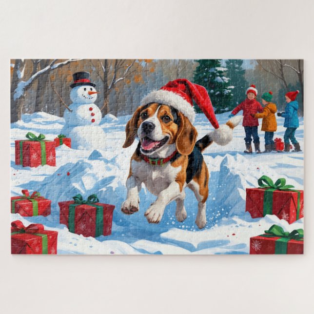 Quebra-cabeça Cena de Natal com Neve da Raça Beagle (Horizontal)