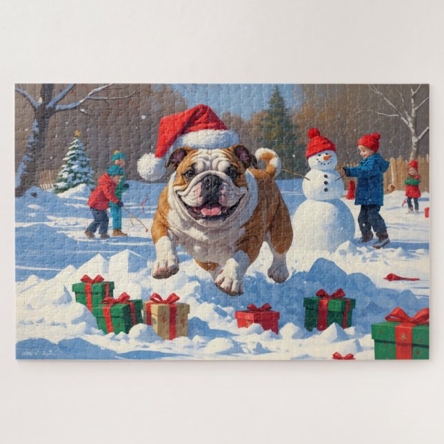 Quebra-cabeça Cena de Natal do Bulldog com Neve (Horizontal)