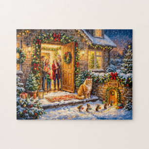 Quebra-cabeça Cena de Natal na Porta da Casa de Gatos e Ratos