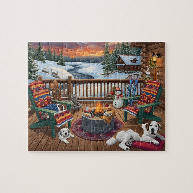 Quebra-cabeça Cena de neve com cabine de inverno e cães no deck  (Horizontal)