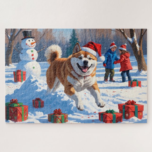 Quebra-cabeça Cena de Neve Festiva Akita Christmas (Horizontal)