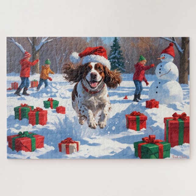 Quebra-cabeça Cena de neve festiva de Natal com Brittany Spaniel (Horizontal)
