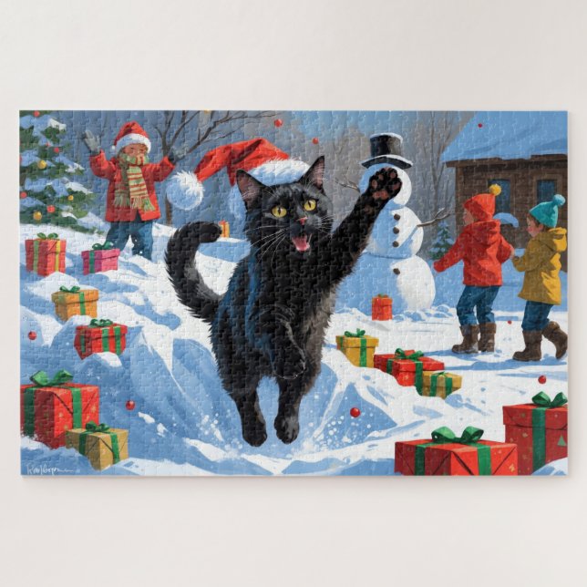 Quebra-cabeça Cena de Neve Festiva do Gato Preto de Natal (Horizontal)
