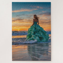 Quebra-cabeça Cena de pôr do sol no oceano com uma mulher na arr