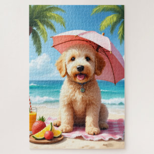 Quebra-cabeça Cena de Relaxamento de Goldendoodle na Praia