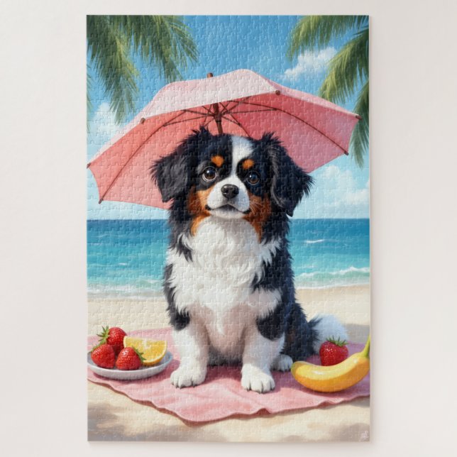 Quebra-cabeça Cena de Relaxamento de Japanese Chin na Praia (Vertical)