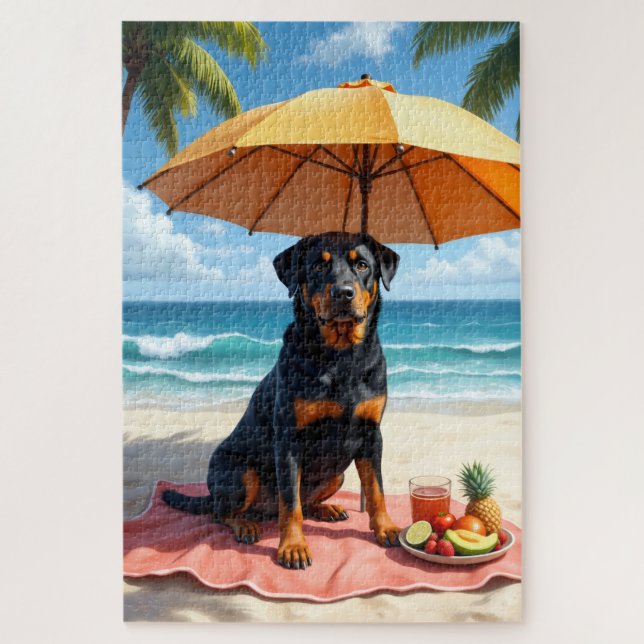 Quebra-cabeça Cena de Relaxamento de Rottweiler na Praia (Vertical)