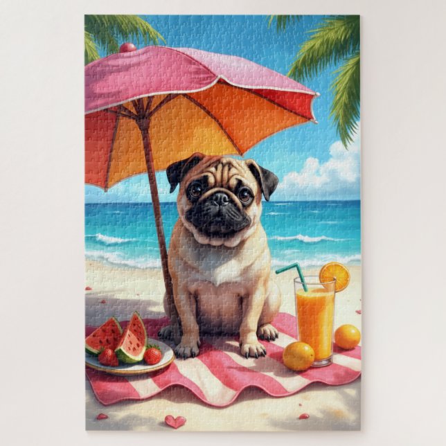Quebra-cabeça Cena de Relaxamento do Pug na Praia (Vertical)
