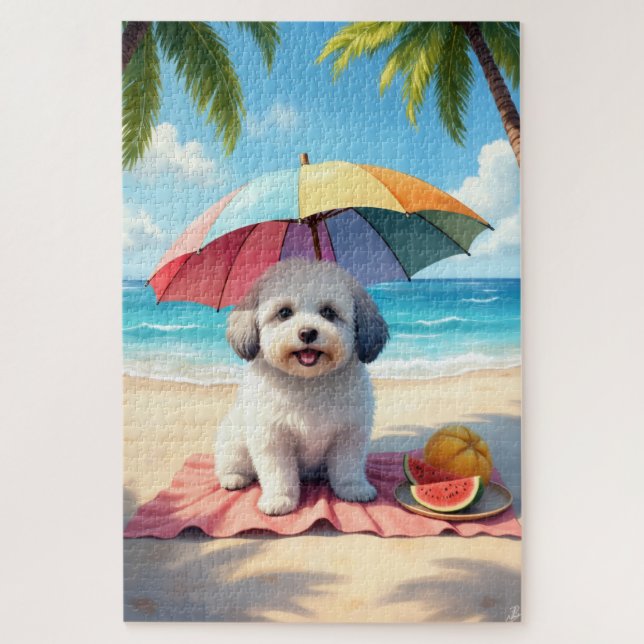 Quebra-cabeça Cena de Relaxamento na Praia com Coton de Tulear (Vertical)