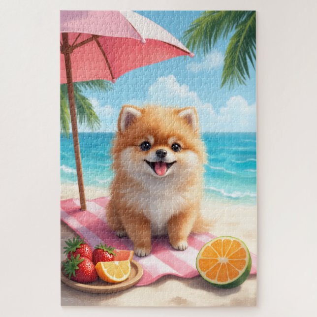 Quebra-cabeça Cena de Relaxamento na Praia com Pomerânia (Vertical)