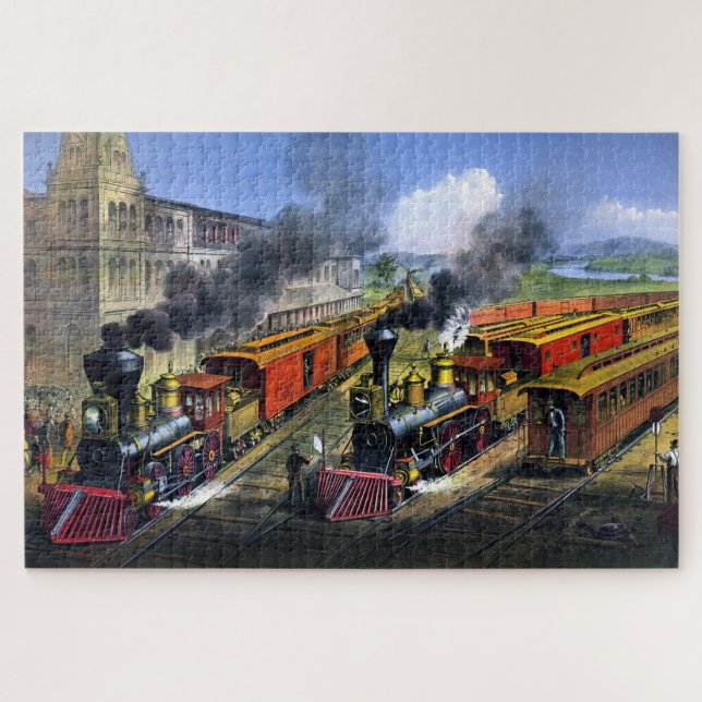Quebra-cabeça Cena de Trem Ferroviário Americano Deixando a Junç (Horizontal)