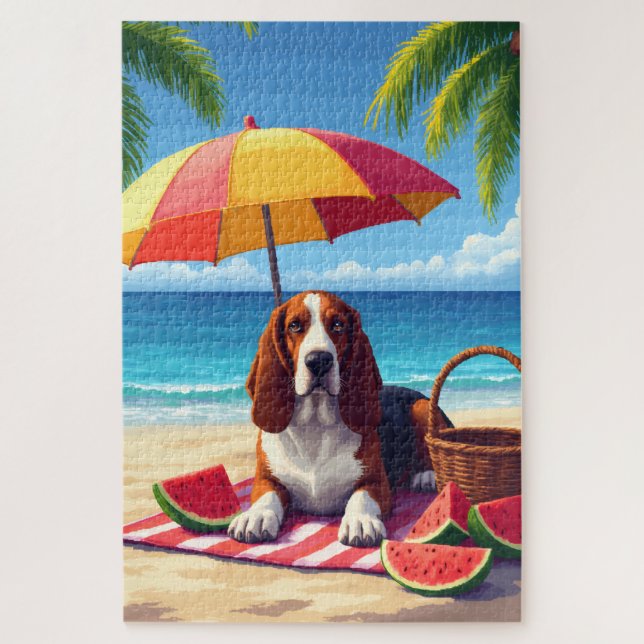 Quebra-cabeça Cena de Verão de Basset Hound na Praia (Vertical)