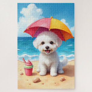 Quebra-cabeça Cena de Verão de Bichon Frise na Praia