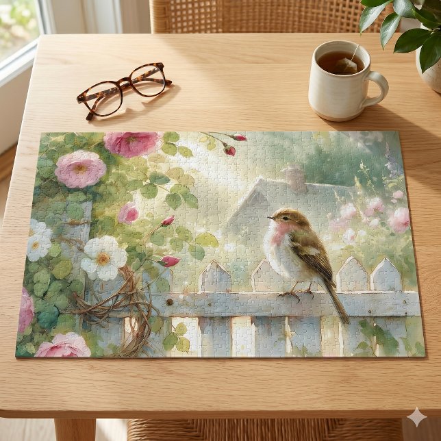 Quebra-cabeça Cena em Aquarela de Pássaro com Rosa de Jardim (Garden Rose Bird Watercolor Scene Jigsaw Puzzle)