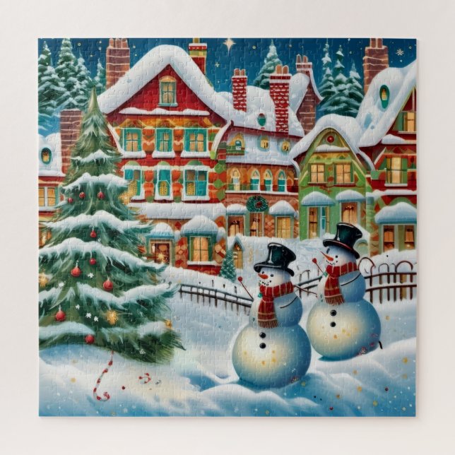 Quebra-cabeça Cena festiva de uma aldeia coberta de neve. (Vertical)