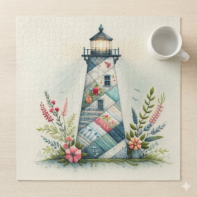 Quebra-cabeça Cena Floral de Farol Costeiro em Patchwork (Patchwork Lighthouse Coastal Floral Scene Jigsaw Puzzle)