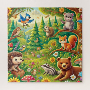 Quebra-cabeça Cena Florestal Desenho Fofo de Animais da Floresta