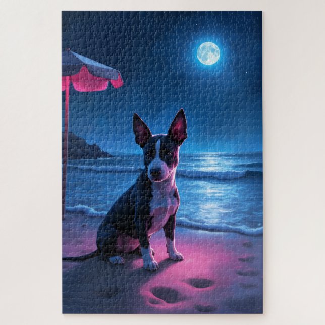 Quebra-cabeça Cena Noturna de Praia Neon com Bull Terrier (Vertical)