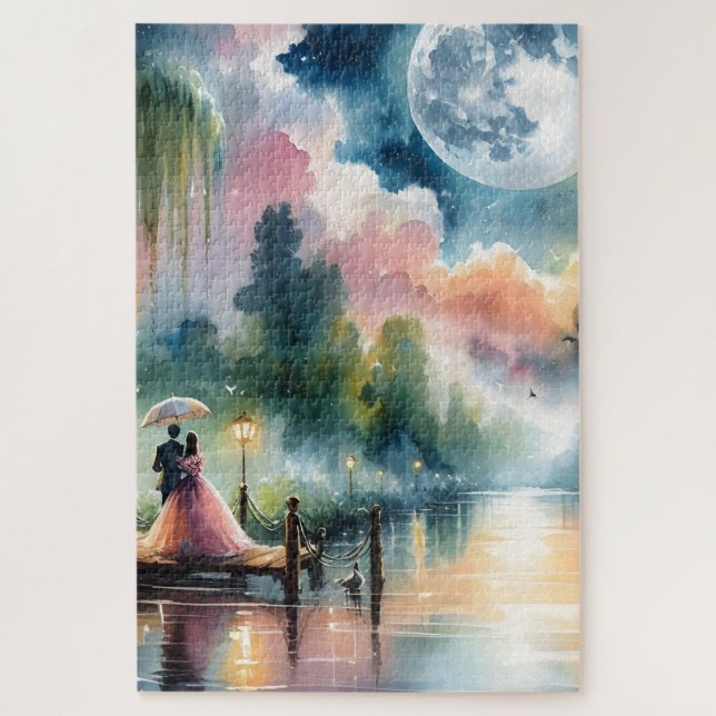 Quebra-cabeça Cena Noturna Romântica à Luz da Lua em Aquarela (Vertical)
