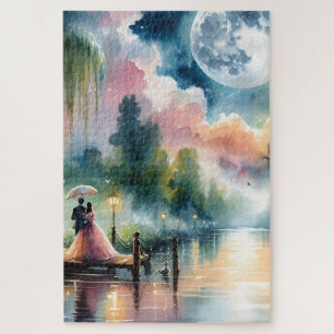 Quebra-cabeça Cena Noturna Romântica de Moonlight Watercolor