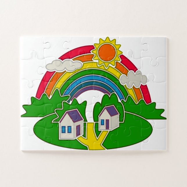 Quebra-cabeça Cena rural de desenho animado com arco-íris e casa (Horizontal)