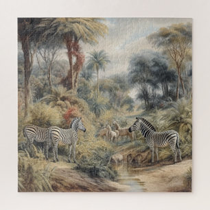 Quebra-cabeça Cenário botânico de zebras e leões em oásis