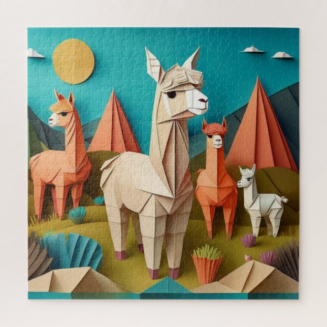 Quebra-cabeça Cenário de Arte em Papel Origami Alpacas 3D (Vertical)