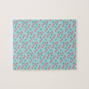 Quebra-cabeça Cerejas Pintadas à Mão Aquarela Rosa Azul Claro