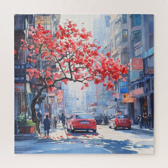 Quebra-cabeça Cerejeiras em Cena de Paisagem Urbana (Vertical)