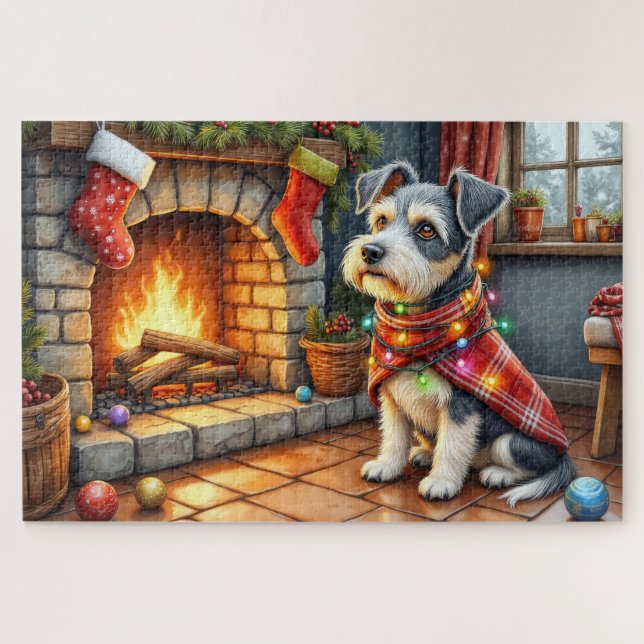 Quebra-cabeça Cesky Terrier Lareira com Luzes de Natal (Horizontal)
