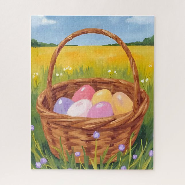 Quebra-cabeça Cesta de Páscoa Caça aos Ovos Aquarela Pastel (Vertical)