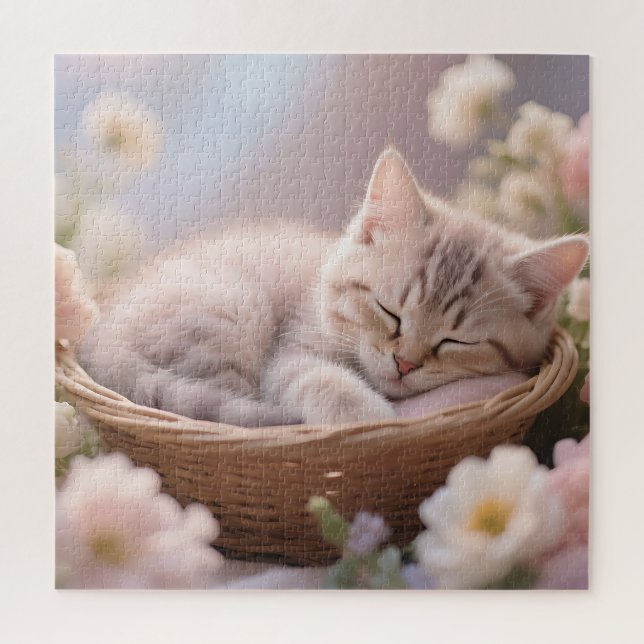 Quebra-cabeça Cesta Floral de Gatinho Sonolento Sonhador (Vertical)