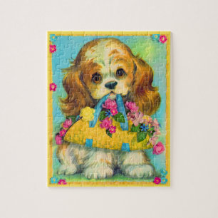 Quebra-cabeça cesto de flores de cãozinho fofo