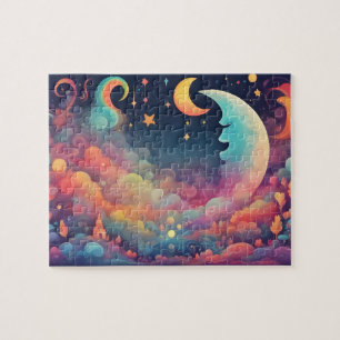 Quebra-cabeça Céu Mágico Colorido com Lua e Arco-íris