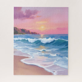 Quebra-cabeça Céus Pastel Rosa | Ondas da Praia em Aquarela Oceâ