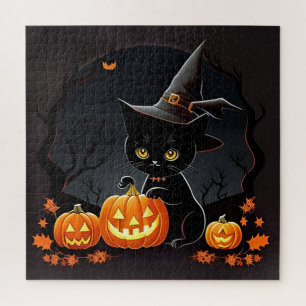 Quebra-cabeça Chapéu de Bruxa Gatinho Preto Abóbora de Halloween