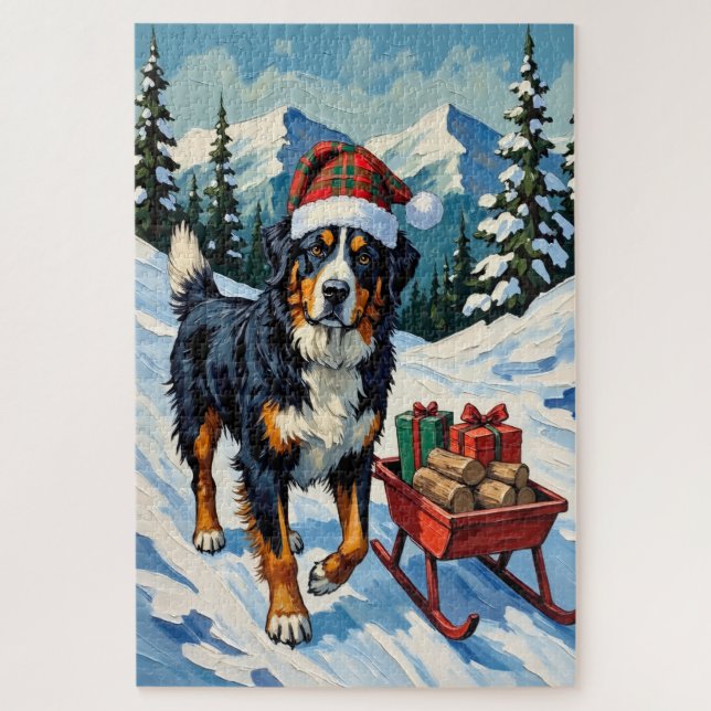 Quebra-cabeça Chapéu de Cachorro Bernês Puxando Trenó de Natal (Vertical)