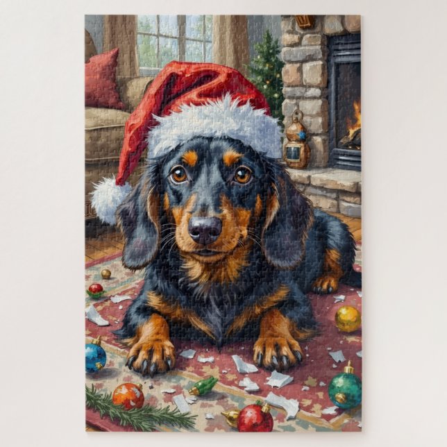 Quebra-cabeça Chapéu Destruidor de Enfeites de Natal de Dachshun (Vertical)
