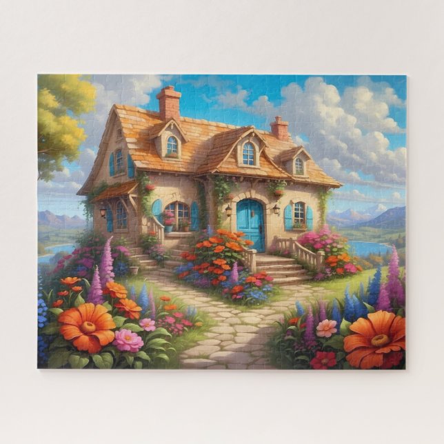Quebra-cabeça Charmosa Cabana com Porta Azul Jardim de Flores (Horizontal)