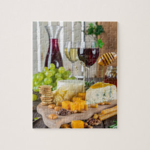 Quebra-cabeça Cheese Wine Honey Walnuts Grapes Crackers Food