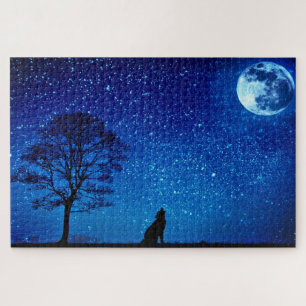 Quebra-cabeça Cheio Wolf Moon - Céu Azul Noturno Com Estrelas