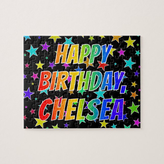 Quebra-cabeça "CHELSEA" Nome, Diversão "FELIZ ANIVERSÁRIO" (Horizontal)