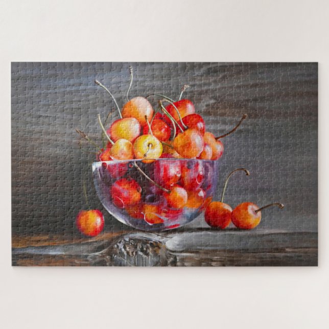 Quebra-cabeça Cherry Still Life in Glass Stretched Canvas Print (Horizontal)