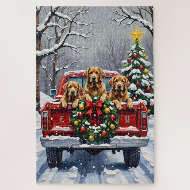 Quebra-cabeça Chesapeake Bay Retriever Christmas Red Truck  (Vertical)
