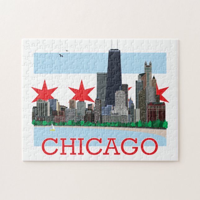 Quebra-cabeça Chicago Skyline e City Flag (Horizontal)