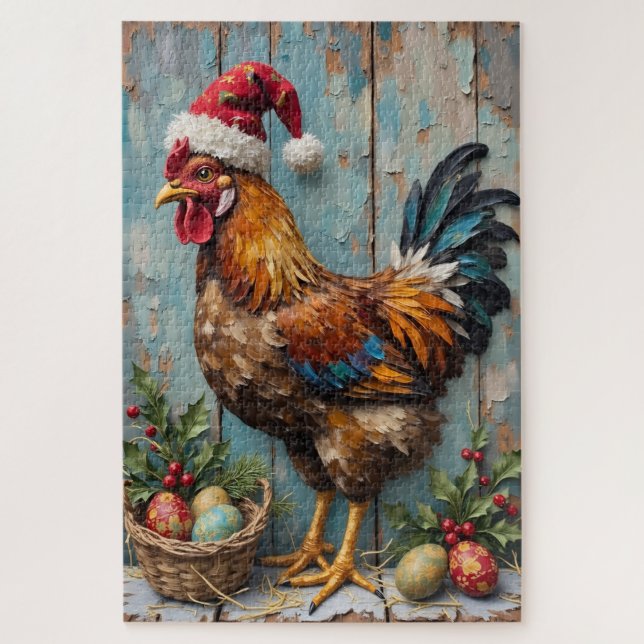 Quebra-cabeça Chicken Guarding Christmas Eggs Rustic Hat (Vertical)