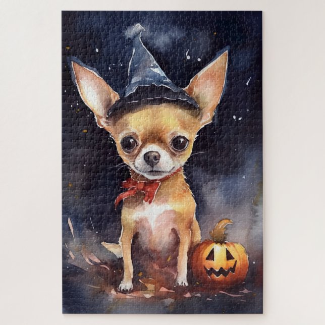 Quebra-cabeça chihuahua de Halloween com abóboras assustadoras (Vertical)