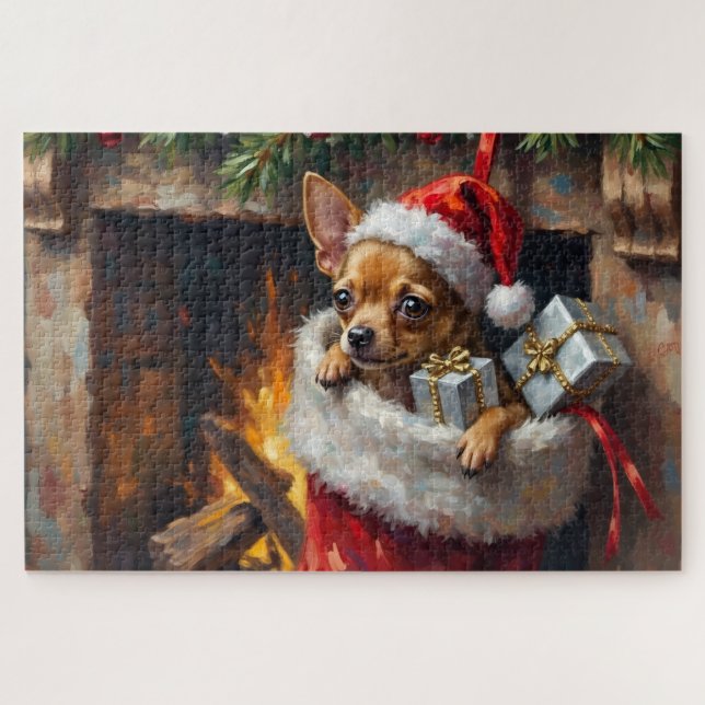 Quebra-cabeça Chihuahua Dog Christmas Stocking Surprise Art (Horizontal)
